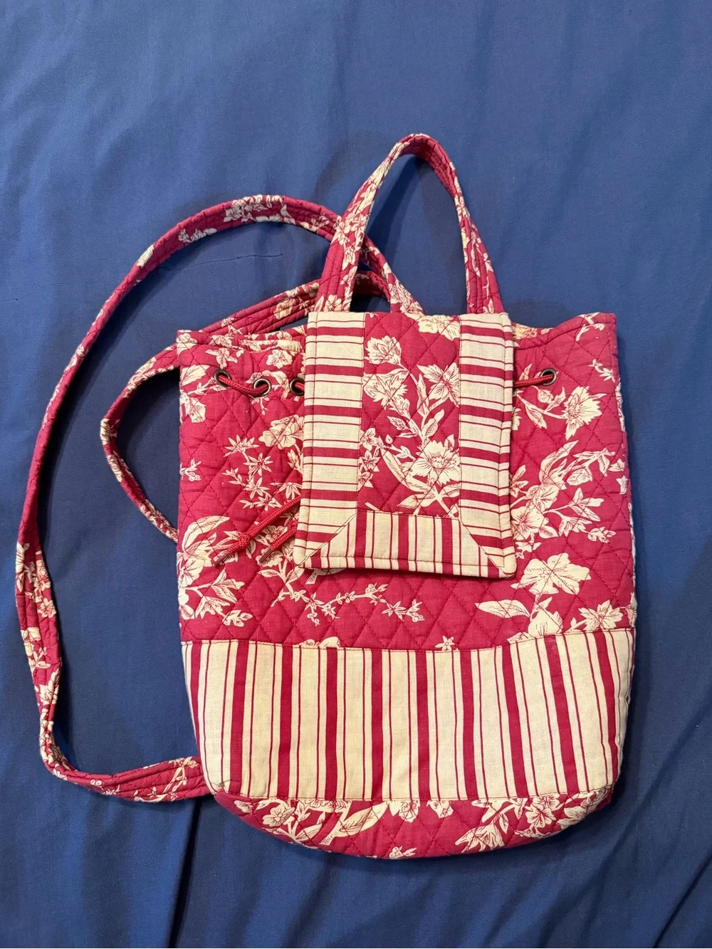 Quilted Floral Stripe Drawstring Backpack - Red